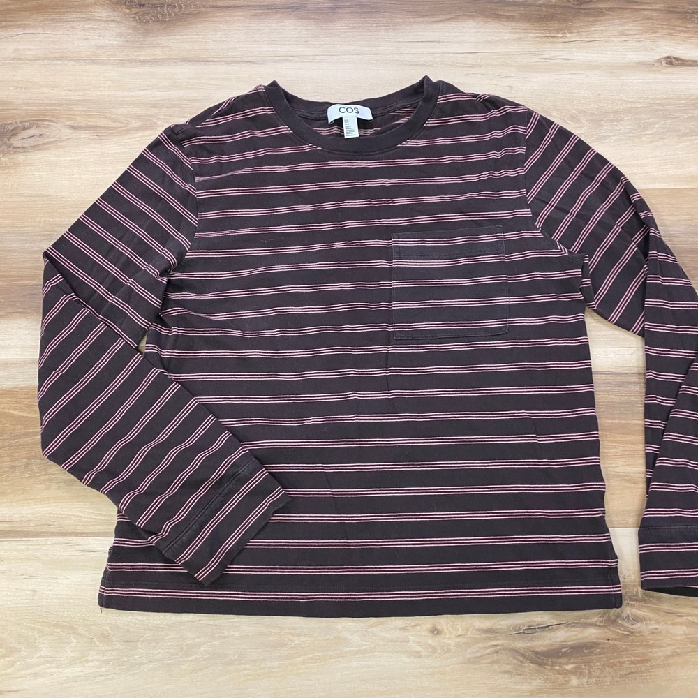 COS Striped Long Sleeve T-Shirt Size M Pink Brown Cotton Pocket Tee Regular Fit